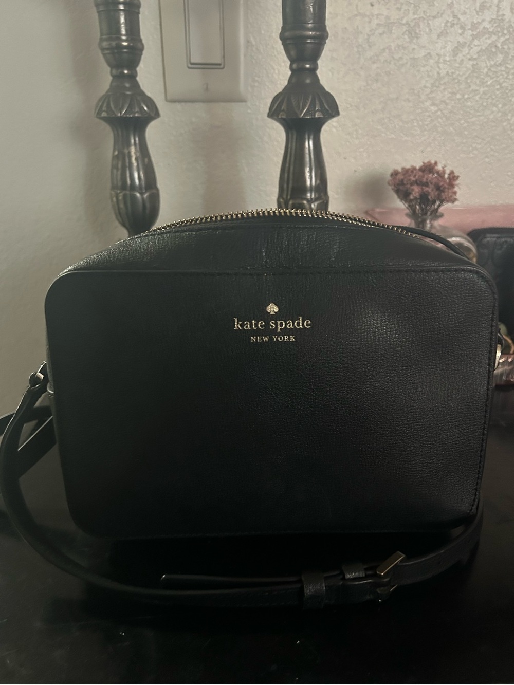 kate spade Black Leather Crossbody with Gold Logo